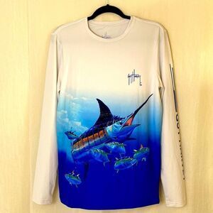 Guy Harvey White Fishing Shirt Graphic Front and Back Size Small